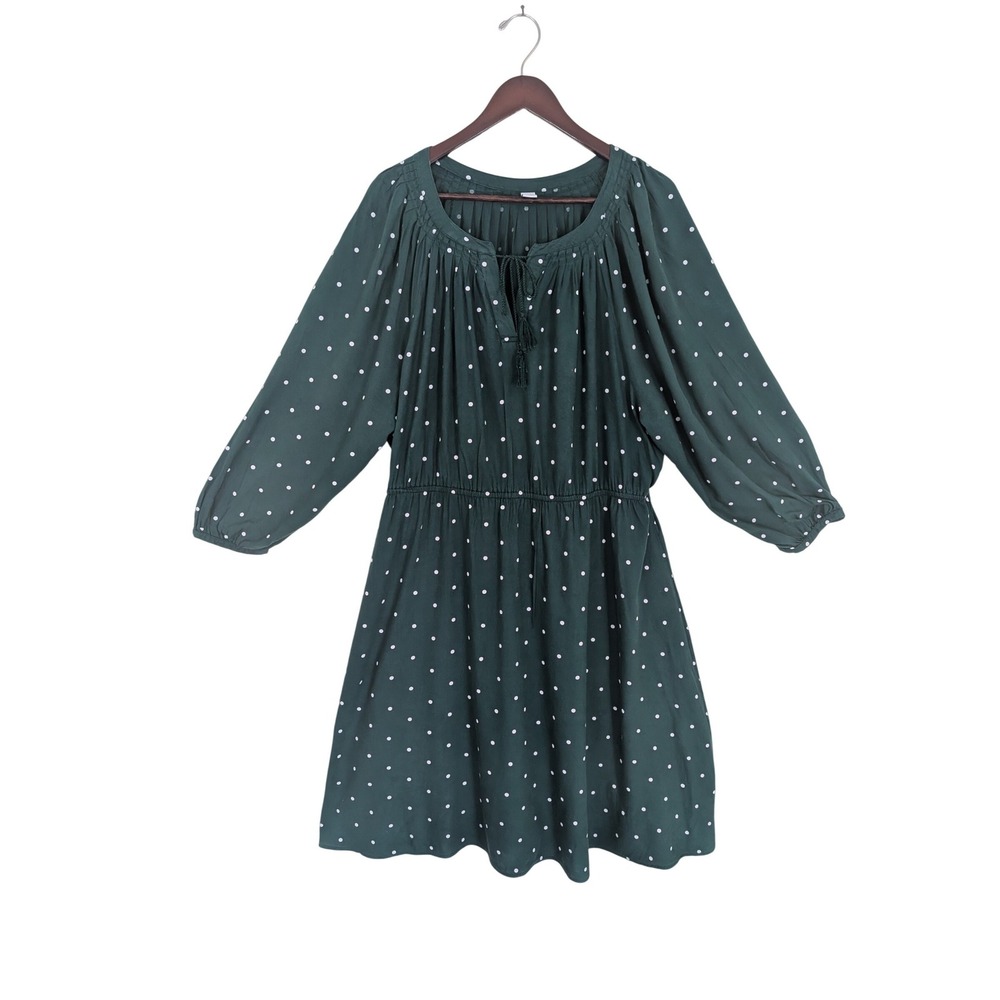 Old Navy Green Polka Dot Peasant Mini Dress XXL Long Sleeve Tassel Tie Boho